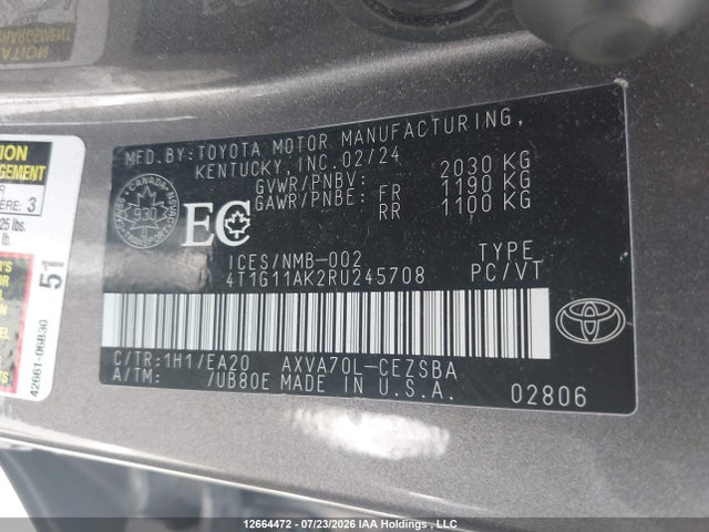 2024 Toyota Camry Se Night Shade/se მანქანა იყიდება აუქციონზე, vin: 4T1G11AK2RU245708, აუქციონის ნომერი: 12664472
