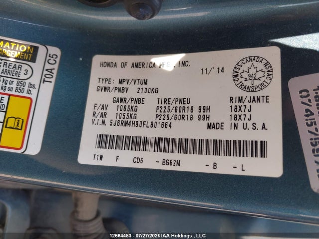 Honda Cr-v Touring 2015 5J6RM4H90FL801664 Image 20