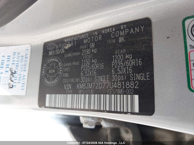 12664493 :رقم المزاد ، KM8JM72D77U481882 vin ، 2007 Hyundai Tucson Gl/gls مزاد بيع