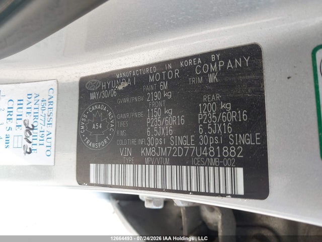 12664493 :رقم المزاد ، KM8JM72D77U481882 vin ، 2007 Hyundai Tucson Gl/gls مزاد بيع