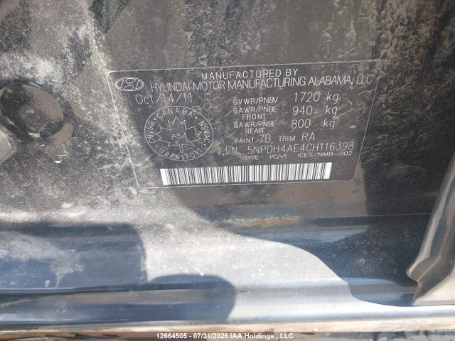 2012 Hyundai Elantra Gls/limited მანქანა იყიდება აუქციონზე, vin: 5NPDH4AE4CH116398, აუქციონის ნომერი: 12664505