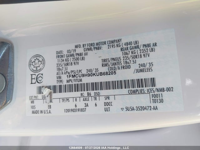 Aukcja sprzedaży 2019 Ford Escape Sel, vin: 1FMCU9H90KUB68205, numer aukcji: 12664509