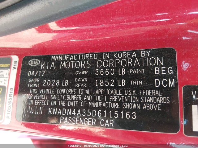 Aukcja sprzedaży 2013 Kia Rio, vin: KNADN4A35D6115163, numer aukcji: 12664510