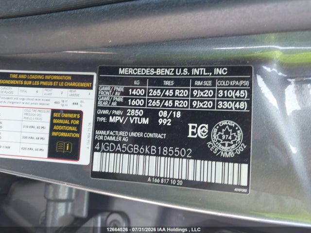 12664526 :رقم المزاد ، 4JGDA5GB6KB185502 vin ، 2019 Mercedes-benz Gle 400 4matic مزاد بيع