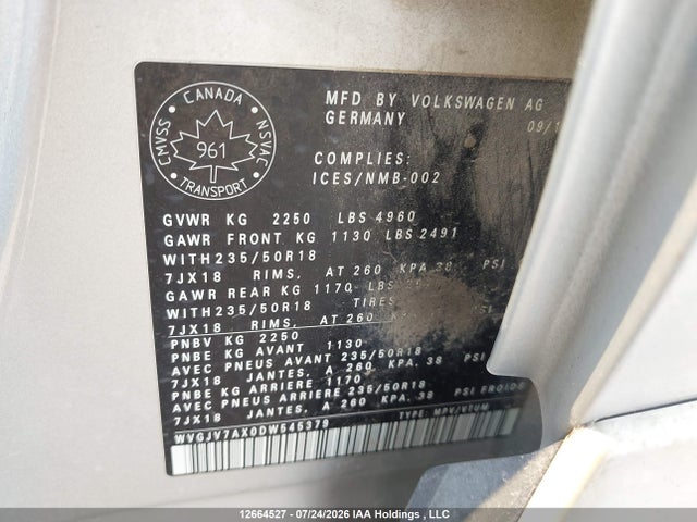 12664527 :رقم المزاد ، WVGJV7AX0DW545379 vin ، 2013 Volkswagen Tiguan S/se/sel مزاد بيع