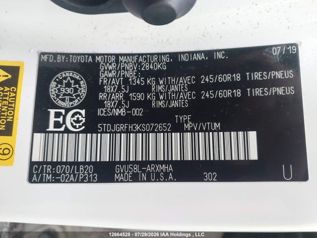 2019 Toyota Highlander Hybrid/xle მანქანა იყიდება აუქციონზე, vin: 5TDJGRFH3KS072652, აუქციონის ნომერი: 12664528