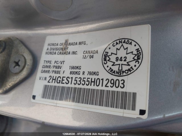 Auction sale of the 2005 Honda Civic Dx Vp, vin: 2HGES15355H012903, lot number: 12664530