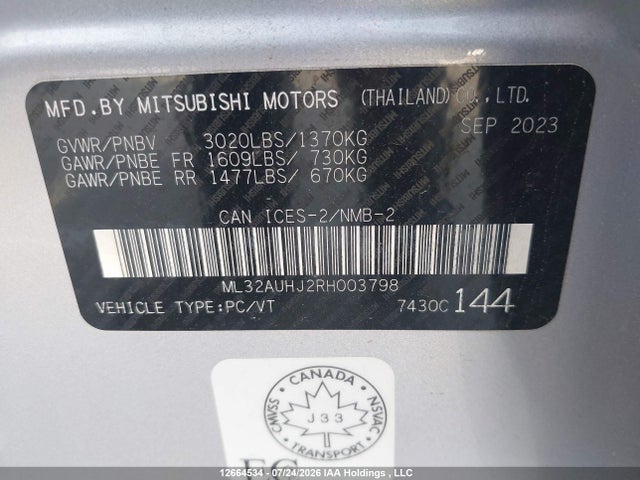 Aukcja sprzedaży 2024 Mitsubishi Mirage Es, vin: ML32AUHJ2RH003798, numer aukcji: 12664534