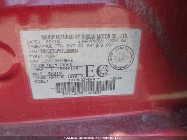 12664536 :رقم المزاد ، 3N1CE2CP8JL365634 vin ، 2018 Nissan Versa Note S/sr/sv مزاد بيع