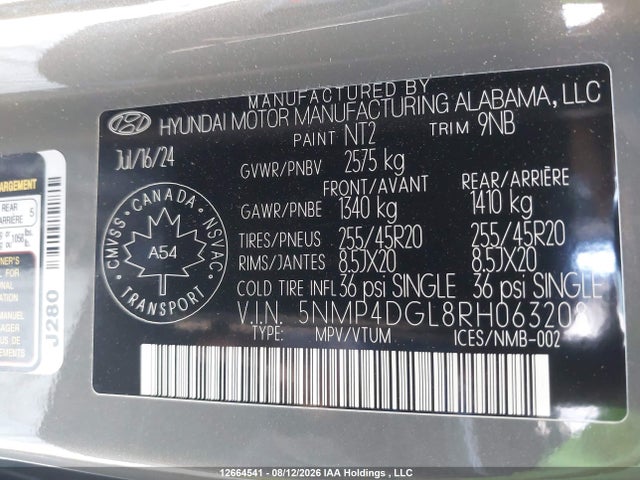 12664541 :رقم المزاد ، 5NMP4DGL8RH063208 vin ، 2024 Hyundai Santa Fe Limited مزاد بيع