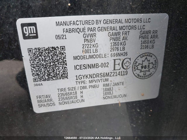 1GYKNDRS6MZ214119 Cadillac Xt5 Premium Luxury