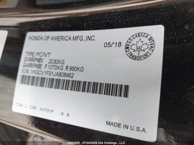 12664555 :رقم المزاد ، 1HGCV1F91JA808462 vin ، 2018 Honda Accord Touring مزاد بيع