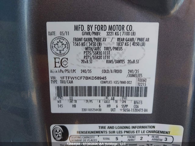 Продаж на аукціоні авто 2011 Ford F-150, vin: 1FTFW1CF7BKD58945, номер лоту: 12664558