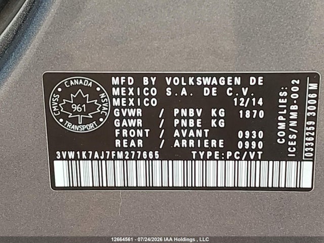 2015 Volkswagen Jetta 2.0l Trendline/2.0l Trendline+ მანქანა იყიდება აუქციონზე, vin: 3VW1K7AJ7FM277665, აუქციონის ნომერი: 12664561