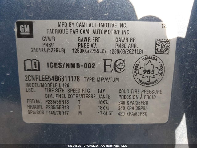 12664565 :رقم المزاد ، 2CNFLEE54B6311178 vin ، 2011 Chevrolet Equinox 1lt مزاد بيع