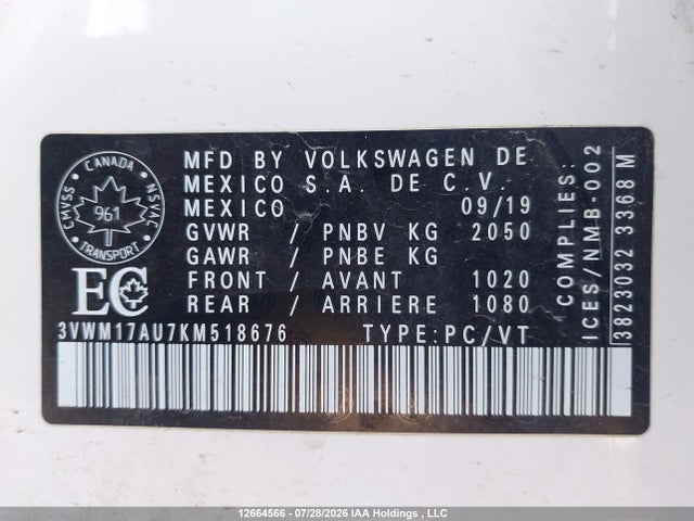 3VWM17AU7KM518676 Volkswagen Golf Alltrack 1.8 Tsi Execline/1.8 Tsi Highline