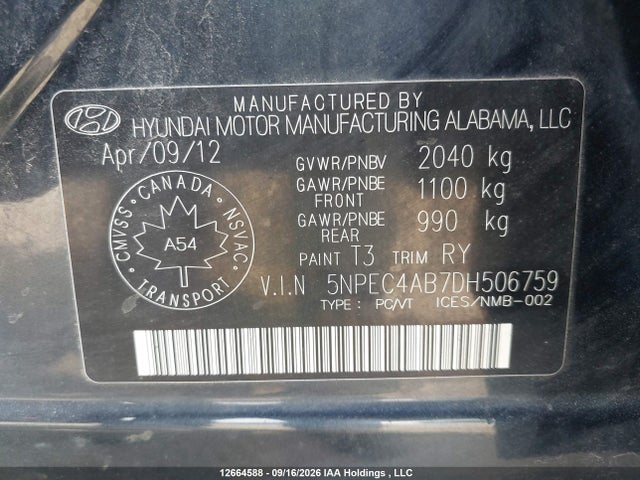 Продаж на аукціоні авто 2013 Hyundai Sonata, vin: 5NPEC4AB7DH506759, номер лоту: 12664588