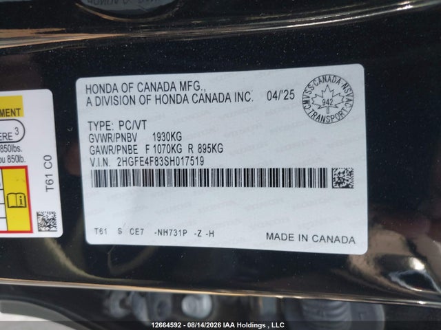 2HGFE4F83SH017519 Honda Civic Sport Hybrid/sport Touring Hybrid