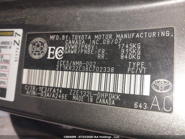 2008 Toyota Matrix Xr მანქანა იყიდება აუქციონზე, vin: 2T1KR32E38C702338, აუქციონის ნომერი: 12664599