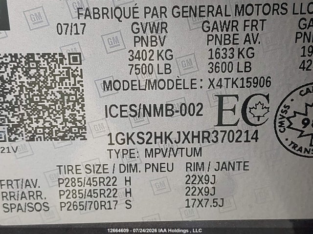1GKS2HKJXHR370214 GMC Yukon Xl Denali Denali