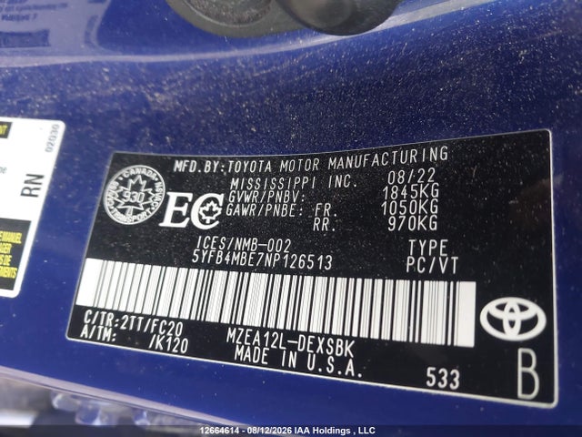 12664614 :رقم المزاد ، 5YFB4MBE7NP126513 vin ، 2022 Toyota Corolla Se مزاد بيع
