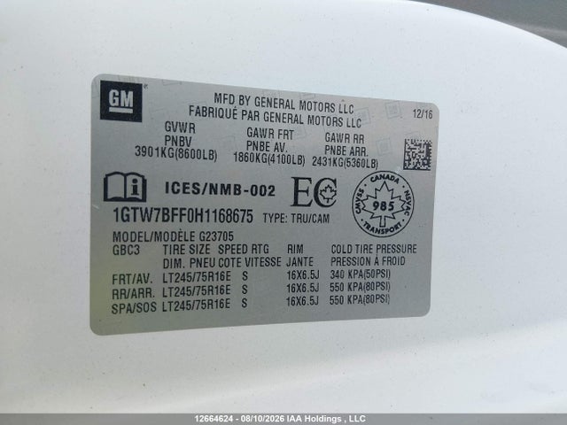 2017 Gmc Savana 2500 Work Van მანქანა იყიდება აუქციონზე, vin: 1GTW7BFF0H1168675, აუქციონის ნომერი: 12664624