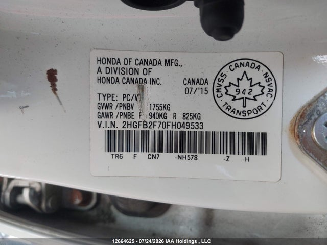 Honda Civic Touring 2015 2HGFB2F70FH049533 Image 9
