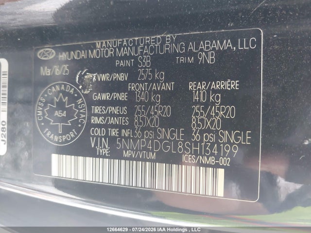 Aukcja sprzedaży 2025 Hyundai Santa Fe Limited, vin: 5NMP4DGL8SH134199, numer aukcji: 12664629