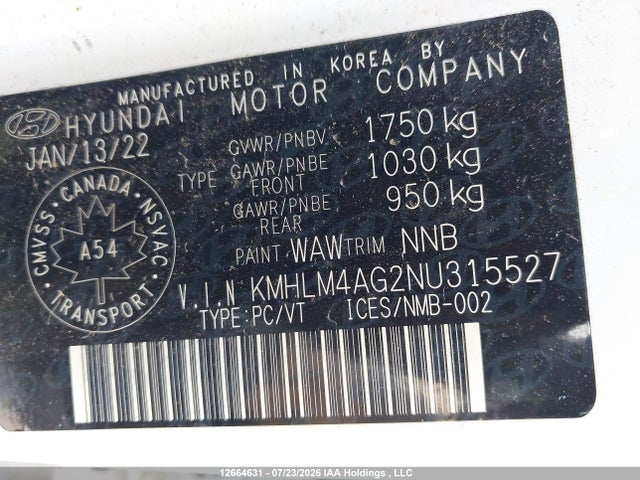 12664631 :رقم المزاد ، KMHLM4AG2NU315527 vin ، 2022 Hyundai Elantra Preferred Ivt With Sun And Tech Package مزاد بيع