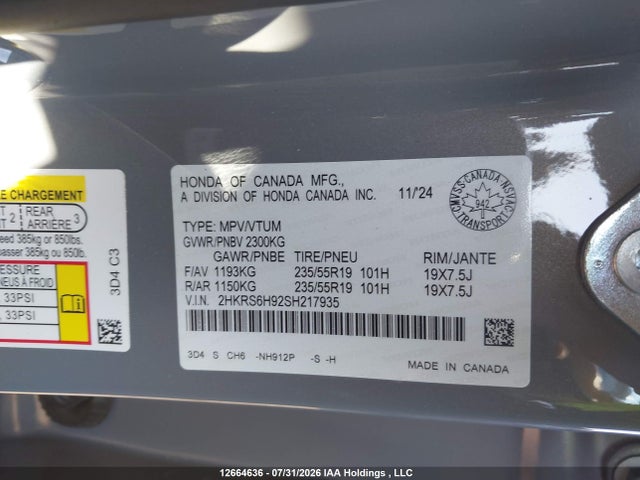 12664636 :رقم المزاد ، 2HKRS6H92SH217935 vin ، 2025 Honda Cr-v Touring Hybrid مزاد بيع