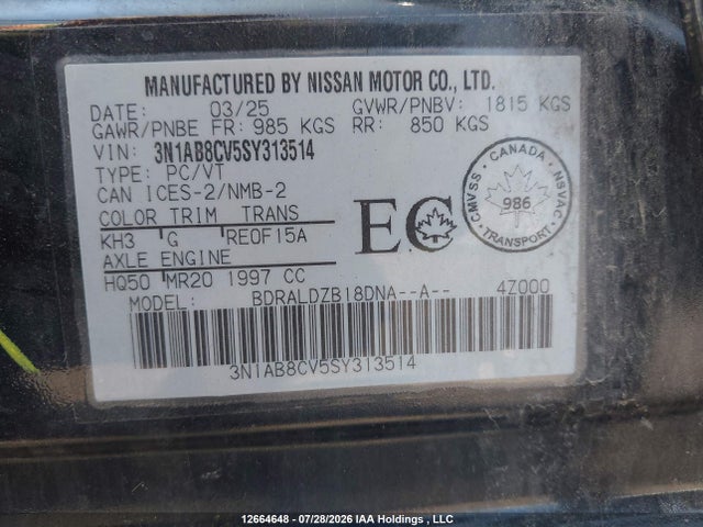 3N1AB8CV5SY313514 Nissan SENTRA SV