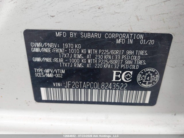 Aukcja sprzedaży 2020 Subaru Crosstrek Premium, vin: JF2GTAPC0L8243522, numer aukcji: 12664652