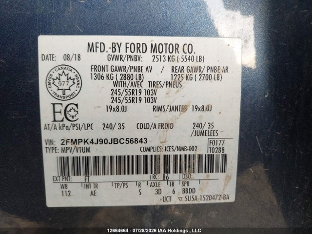 2018 Ford Edge Sel მანქანა იყიდება აუქციონზე, vin: 2FMPK4J90JBC56843, აუქციონის ნომერი: 12664664