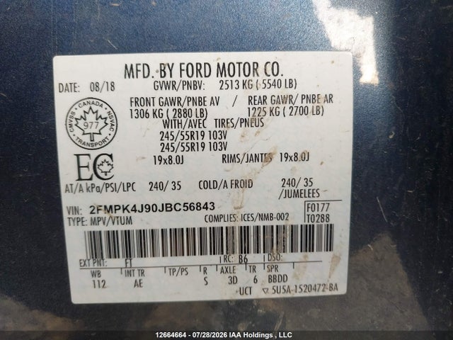 2018 Ford Edge Sel მანქანა იყიდება აუქციონზე, vin: 2FMPK4J90JBC56843, აუქციონის ნომერი: 12664664
