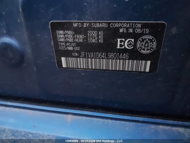 12664665 :رقم المزاد ، JF1VA1D64L9801446 vin ، 2020 Subaru Wrx Sport مزاد بيع