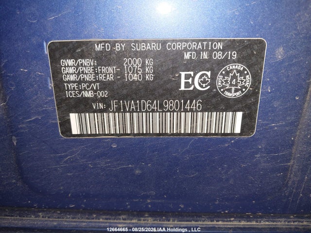 12664665 :رقم المزاد ، JF1VA1D64L9801446 vin ، 2020 Subaru Wrx Sport مزاد بيع