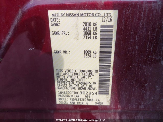 1N4BZ0CP1HC302954 Nissan Leaf S/sv/sl