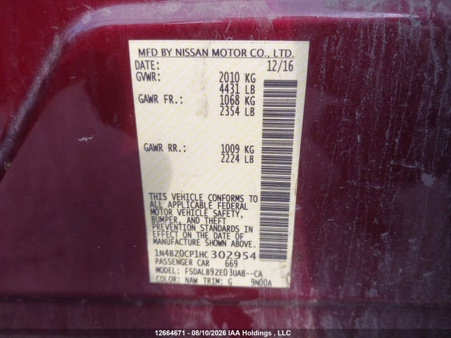 1N4BZ0CP1HC302954 Nissan Leaf S/sv/sl