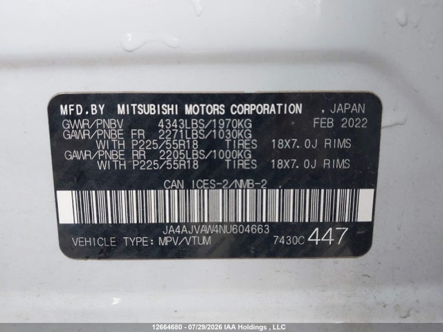 Продаж на аукціоні авто 2022 Mitsubishi Rvr Se/sel/le/gt, vin: JA4AJVAW4NU604663, номер лоту: 12664680