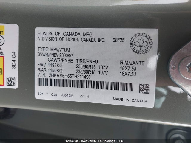 2026 Honda Cr-v Trailsport Hybrid მანქანა იყიდება აუქციონზე, vin: 2HKRS6H65TH211490, აუქციონის ნომერი: 12664685