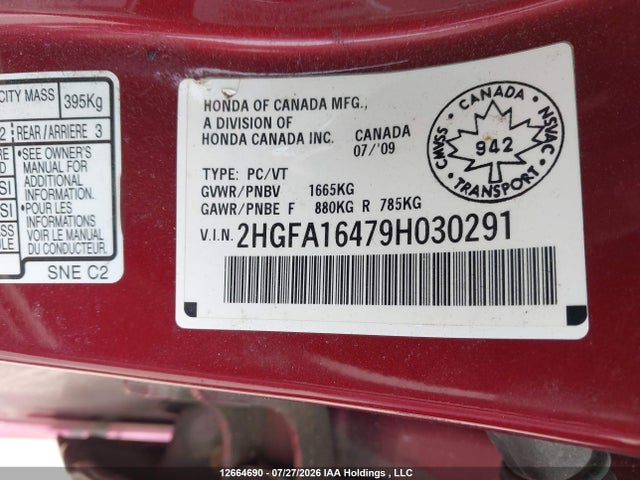 2009 Honda Civic Dx-g მანქანა იყიდება აუქციონზე, vin: 2HGFA16479H030291, აუქციონის ნომერი: 12664690