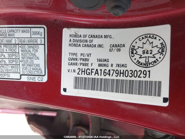 2009 Honda Civic Dx-g მანქანა იყიდება აუქციონზე, vin: 2HGFA16479H030291, აუქციონის ნომერი: 12664690