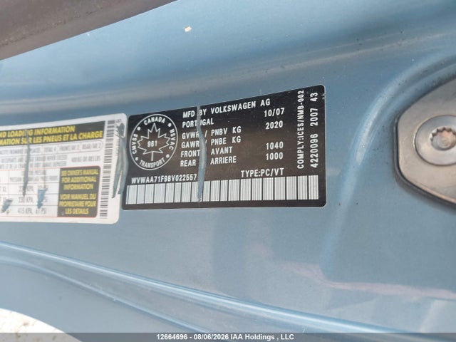 12664696 :رقم المزاد ، WVWAA71F98V022557 vin ، 2008 Volkswagen Eos 2.0t Trendline مزاد بيع