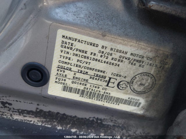 2006 Nissan Sentra 1.8/1.8s მანქანა იყიდება აუქციონზე, vin: 3N1CB51D86L462634, აუქციონის ნომერი: 12664705