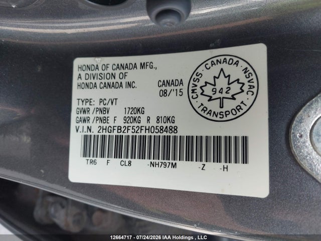 Honda CIVIC EX 2015 2HGFB2F52FH058488 Image 9