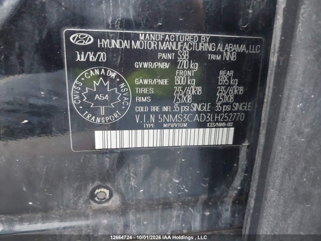 12664724 :رقم المزاد ، 5NMS3CAD3LH252770 vin ، 2020 Hyundai Santa Fe Preferred Awd With Sun And Leather Package مزاد بيع
