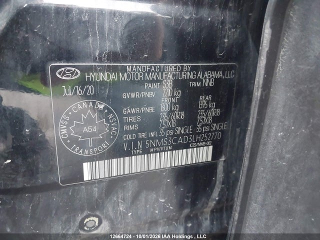 12664724 :رقم المزاد ، 5NMS3CAD3LH252770 vin ، 2020 Hyundai Santa Fe Preferred Awd With Sun And Leather Package مزاد بيع