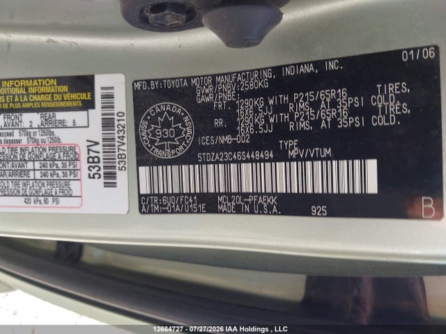 Продаж на аукціоні авто 2006 Toyota Sienna Ce 7 Passenger/ce 8 Passenger/le 7 Passenger/le 8 Passenger, vin: 5TDZA23C46S448494, номер лоту: 12664727