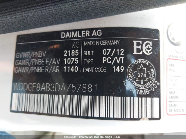 Aukcja sprzedaży 2013 Mercedes-benz C 300 4matic, vin: WDDGF8AB3DA757881, numer aukcji: 12664731