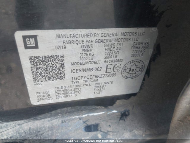 1GCPYCEF6KZ273089 Chevrolet Silverado K1500 Trail Boss Custom